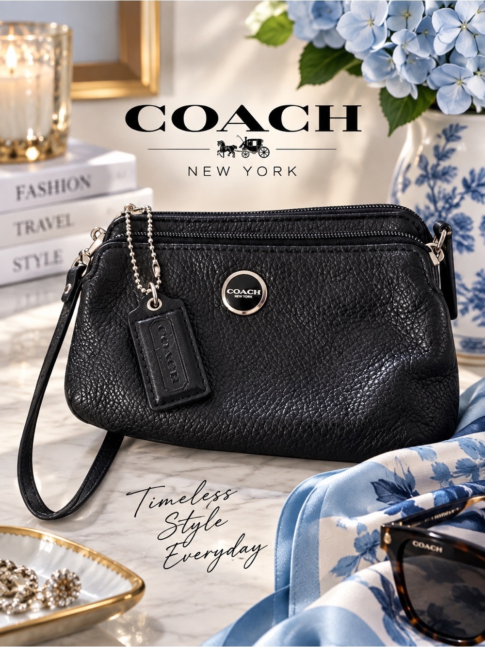 COACH Black Pebbled Leather Double Zipper Wristlet, Logo Disc, Ice Blue Lining